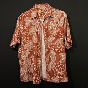 Caribbean‎ Joe Hawaiian Shirt Men's LG Orange Silk Blend Leaf Print Aloha Summer